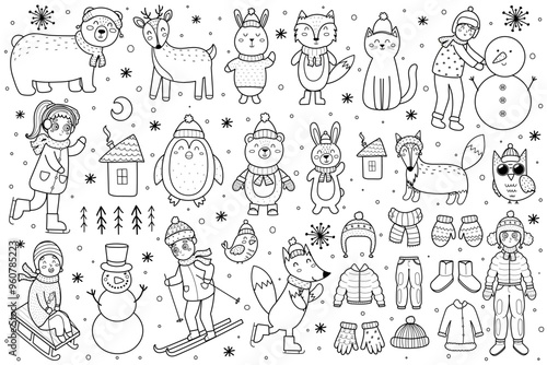Black and white cute winter characters collection. Christmas animals and kids in winter clothes set in outline. Bear, reindeer, fox, rabbit and other elements. Vector illustration