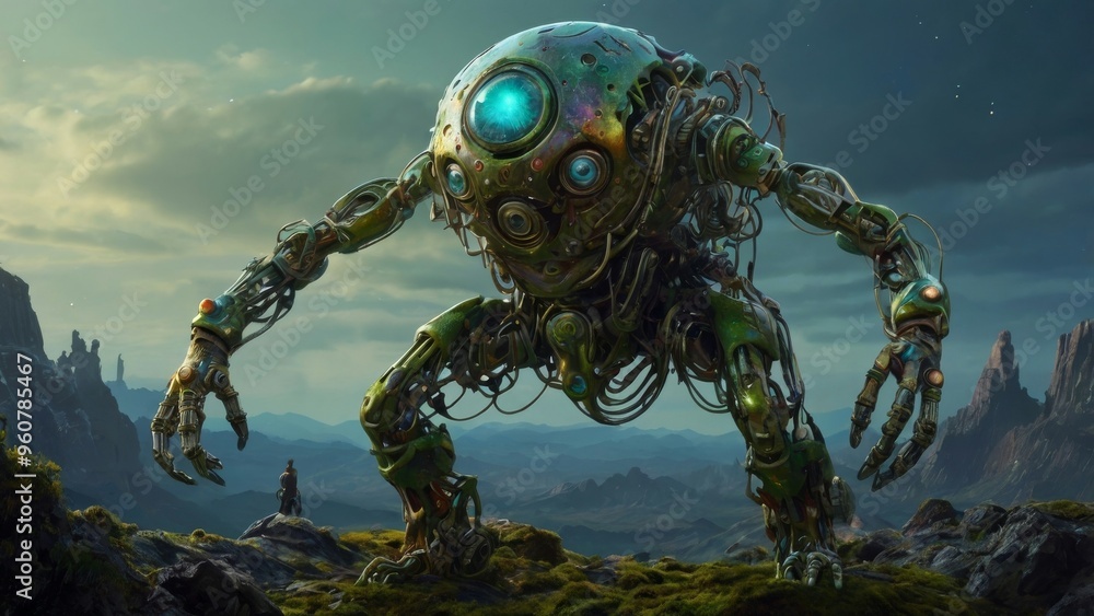 A towering, mechanical being looms over a small figure in a desolate landscape. A towering, mechanical being looms over a small figure in a desolate landscape.
