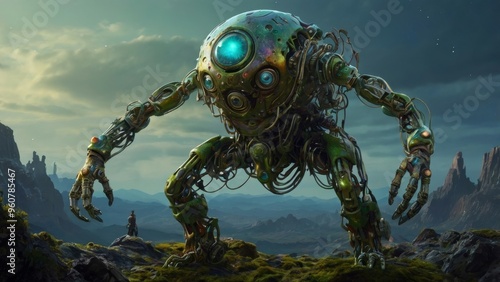 A towering, mechanical being looms over a small figure in a desolate landscape.