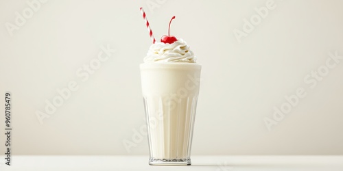 A 3D single icon of a classic vanilla milkshake with whipped cream and a cherry on top, served in a vintage-style glass with a clean and nostalgic design