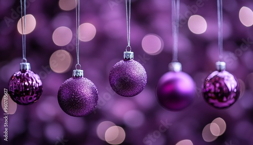 Elegant Purple Christmas Ornaments with Sparkling Bokeh Background