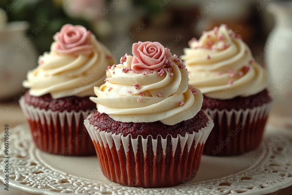 Three red velvet cupcakes with cream cheese frosting and pink sugar roses on a white plate. Three red velvet cupcakes with cream cheese frosting and pink sugar roses on a white plate.