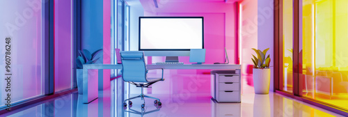 Blank white screen in colorful office space for graphic design and branding