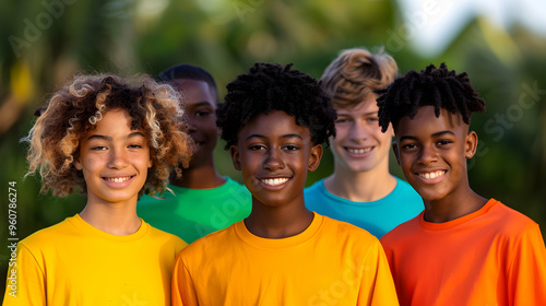 Group Five Cheerful Multiracial Friends Having