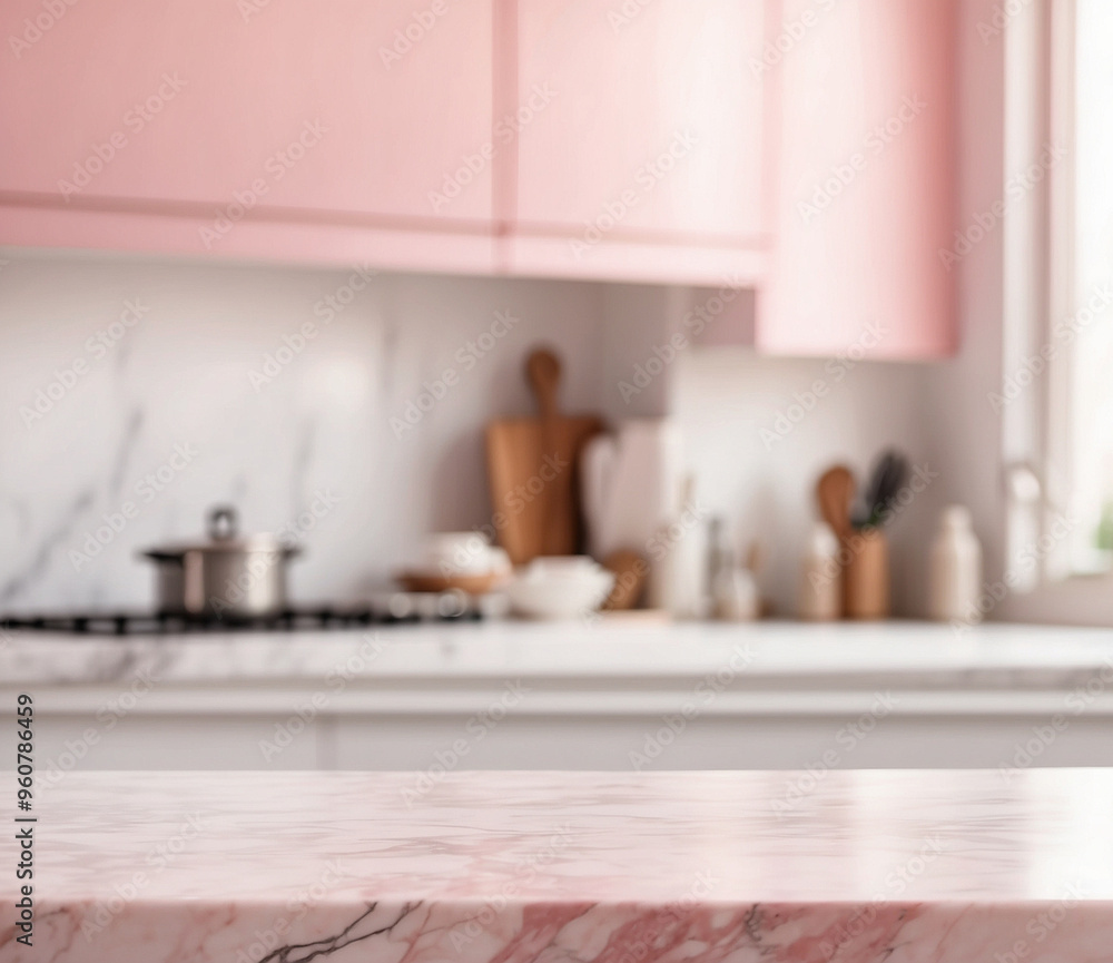 The empty white marble table top with blur background of pink kitchen. For product display The empty white marble table top with blur background of pink kitchen. For product display