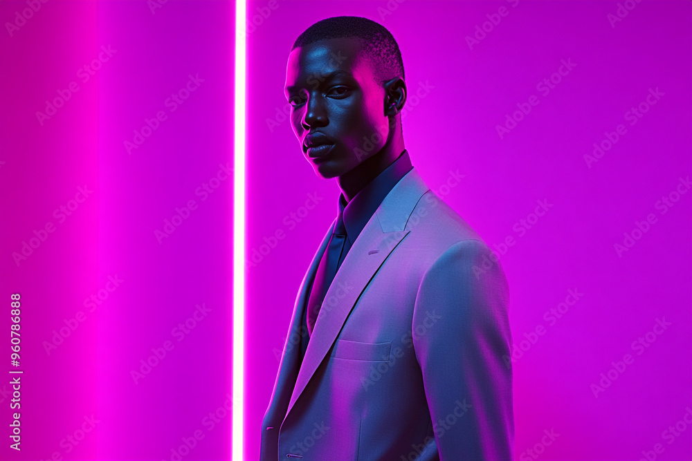 Stylish Man Featuring Light Gray Suit with Solid Neon Purple Accents, Shown in a Modern Lifestyle Portrait Stylish Man Featuring Light Gray Suit with Solid Neon Purple Accents, Shown in a Modern Lifestyle Portrait