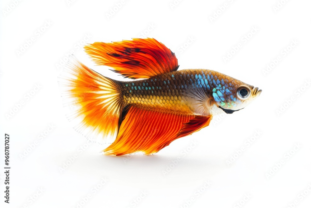 Fototapeta premium Mystic portrait of Roundtail Guppy Fish in studio, copy space on right side, Close-up View, isolated on white background
