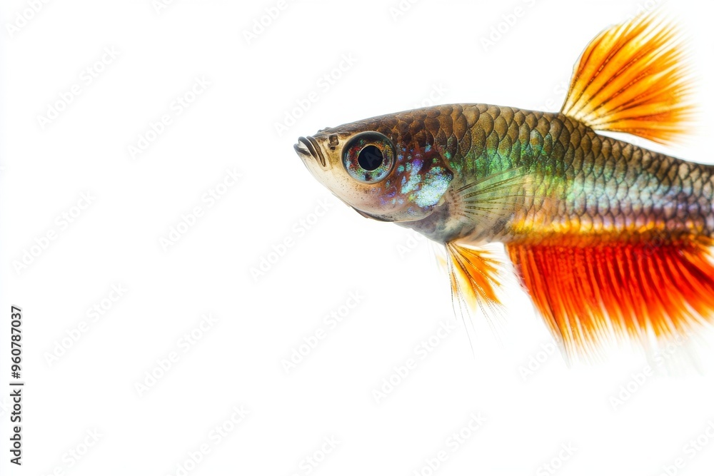 Mystic portrait of Roundtail Guppy Fish in studio, copy space on right side, Close-up View, isolated on white background Mystic portrait of Roundtail Guppy Fish in studio, copy space on right side, Close-up View, isolated on white background