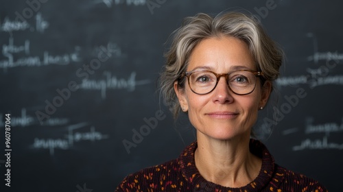 Minimalist depiction of a teacher in education with a serene expression professional portrait against a softly faded background in a school setting with ample copy space for text academic learning env photo