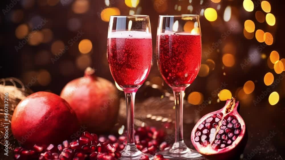 Two glasses full of sparkling pomegranate cocktail are standing on a table with pomegranates and festive lights in the background Two glasses full of sparkling pomegranate cocktail are standing on a table with pomegranates and festive lights in the background