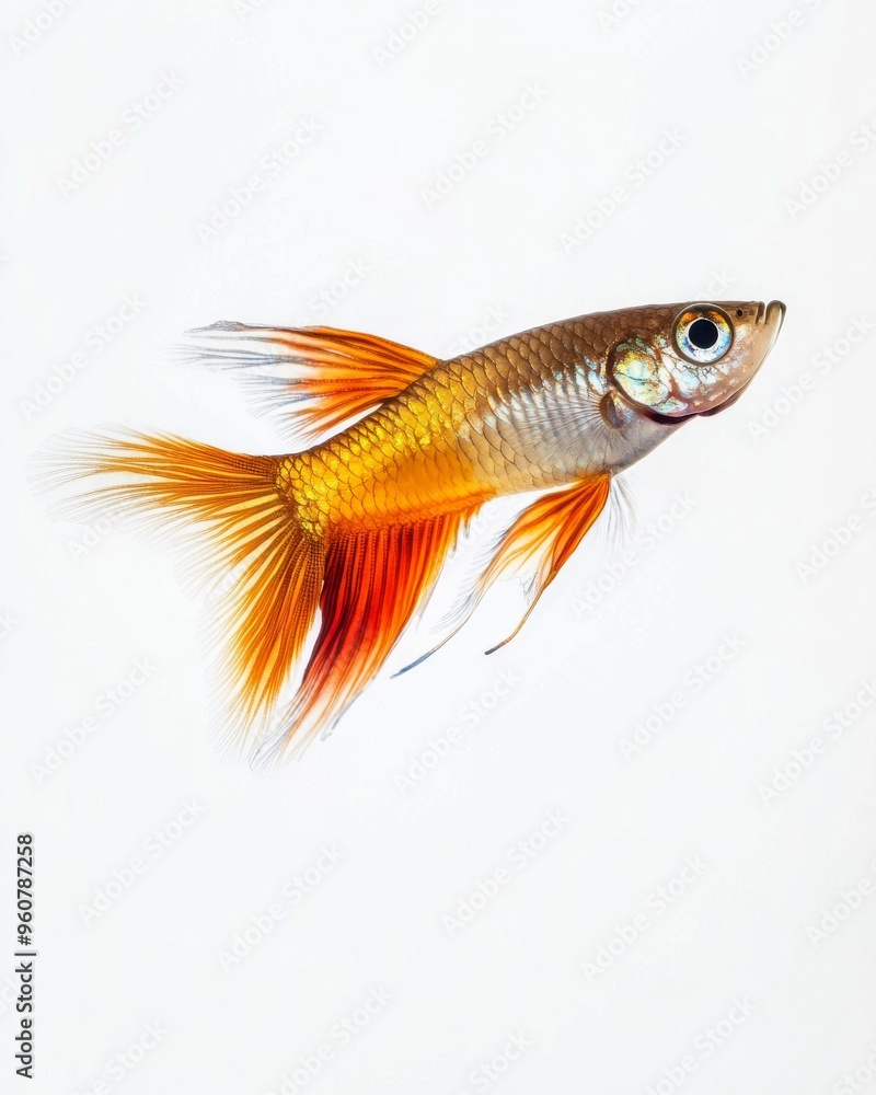 Fototapeta premium the Fantail Guppy fish, portrait view, white copy space on right, Isolated on white Background