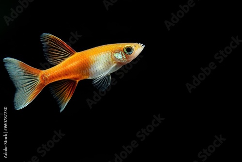 the beside view Swordtail Guppy Fish, left side view, white copy space on right, Isolated on dark Background