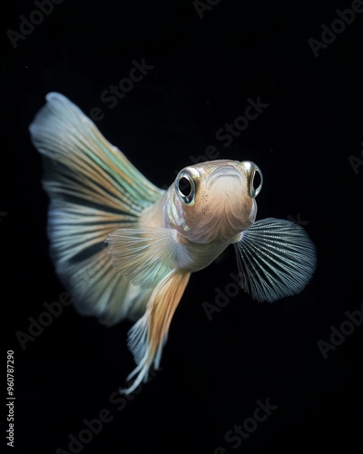 the Roundtail Guppy Fish, portrait view, white copy space on right, Isolated on black Background