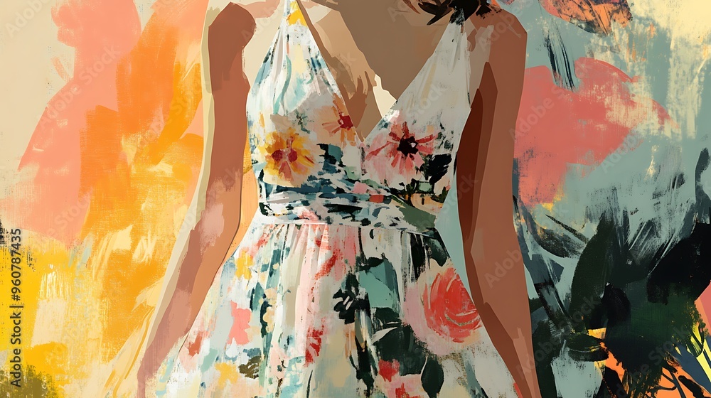 Fototapeta premium Abstract painting of a woman in a floral dress.