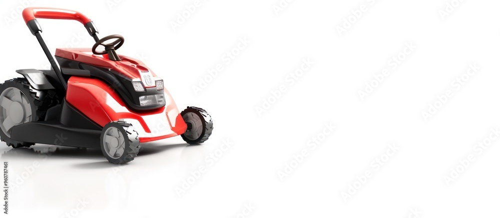 Lawn mower close up. Lawn mower standing on white background Lawn mower close up. Lawn mower standing on white background