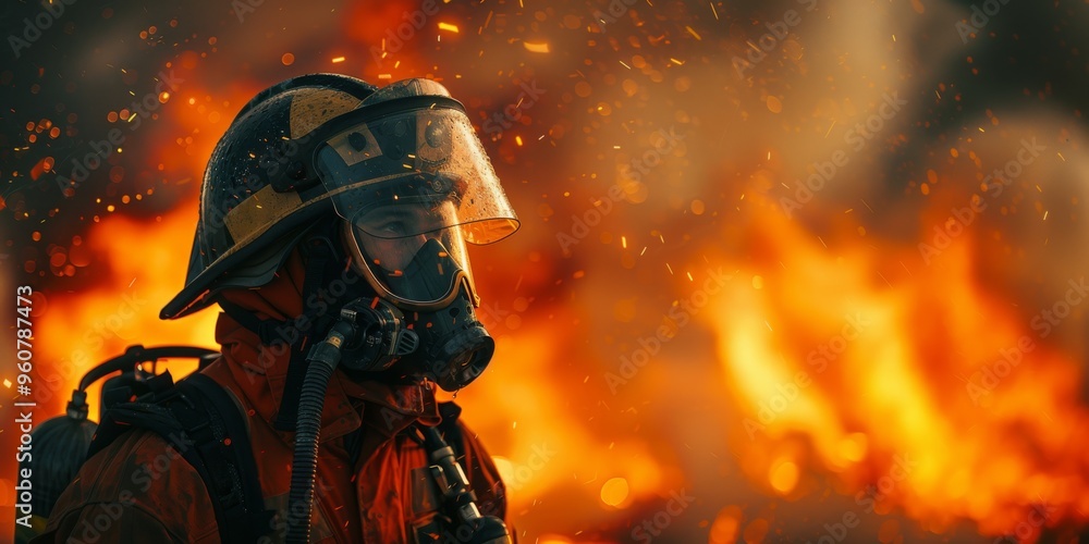 Firefighter wearing protective mask in front of a blazing fire. Firefighter wearing protective mask in front of a blazing fire.