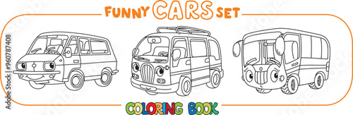 Funny vintage buses with eyes. Coloring book set