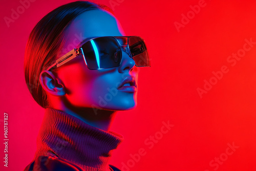 Elegant Woman in Chrome Eyewear with Solid Neon Coral Highlights, Captured in a Chic Lifestyle Portrait