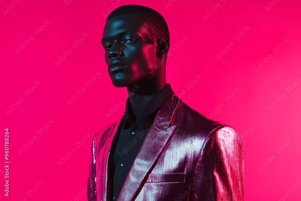 Men in Metallic Silver Suit with Solid Neon Pink Accents, Captured in a Chic Lifestyle Portrait Men in Metallic Silver Suit with Solid Neon Pink Accents, Captured in a Chic Lifestyle Portrait