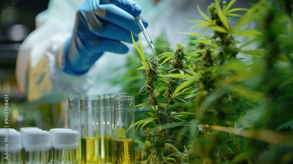Scientist in lab conducting research on cannabis plants using pipette and test tubes.
