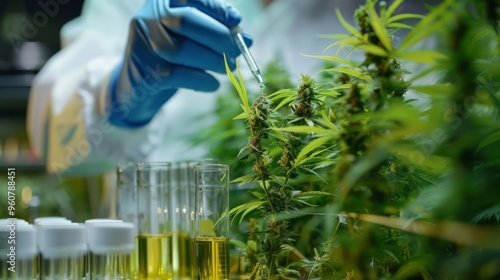 Obraz na płótnie Scientist in lab conducting research on cannabis plants using pipette and test tubes. w salonie