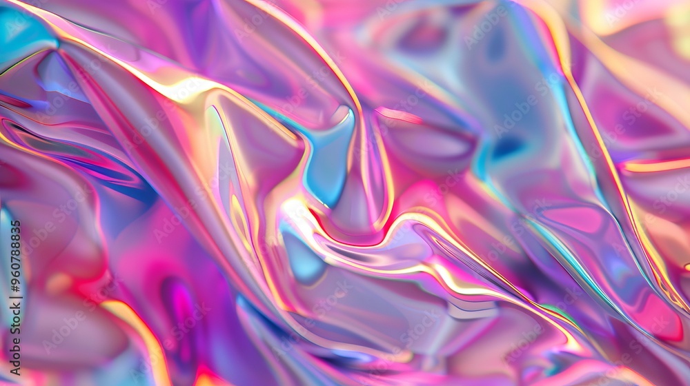 Colorful abstract textile with flowing patterns and shiny textures illuminated by soft lighting in a studio setting Colorful abstract textile with flowing patterns and shiny textures illuminated by soft lighting in a studio setting