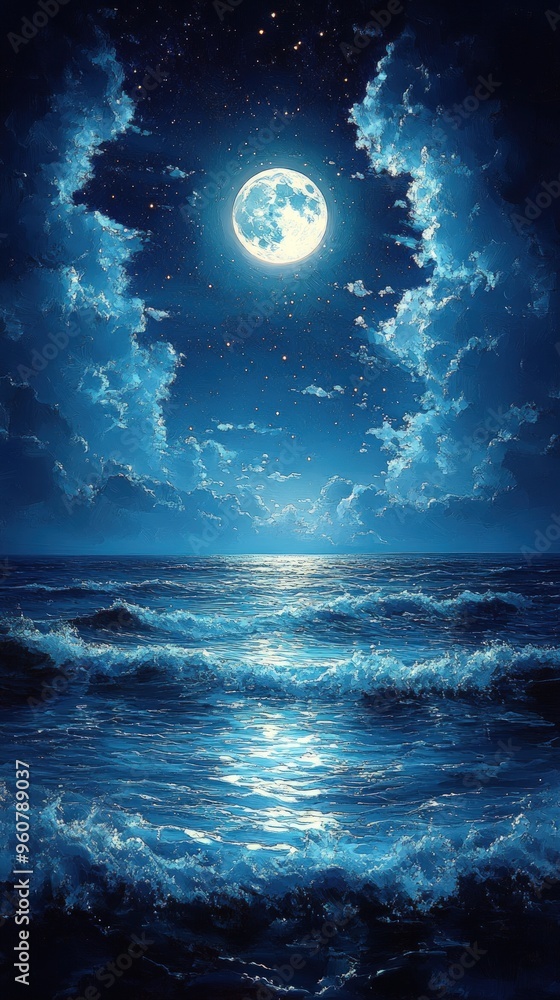 Fototapeta premium Full moon shining over the ocean at night with clouds and stars.