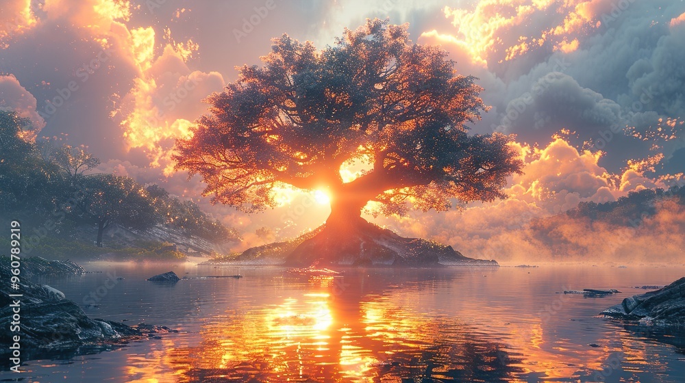 Golden Hour Serenity: A Majestic Tree Stands Tall Over a Tranquil Lake Golden Hour Serenity: A Majestic Tree Stands Tall Over a Tranquil Lake