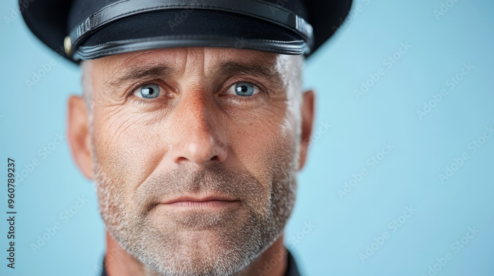 Minimalist depiction of a police officer in law enforcement with a serene expression professional portrait against a softly faded background in a security or protection environment with ample copy spa Minimalist depiction of a police officer in law enforcement with a serene expression professional portrait against a softly faded background in a security or protection environment with ample copy spa