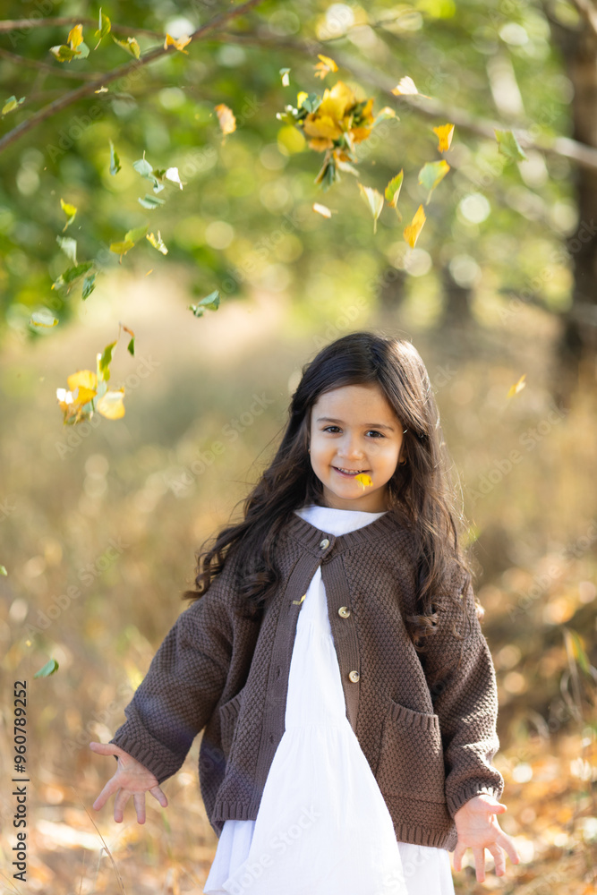 Smiling girl child throwing dry leaves in the air while walking in beautiful autumn park. Smiling girl child throwing dry leaves in the air while walking in beautiful autumn park.
