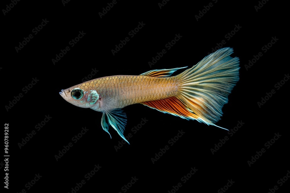 the beside view Delta Tail Guppy Fish, left side view, white copy space on right, Isolated on dark Background the beside view Delta Tail Guppy Fish, left side view, white copy space on right, Isolated on dark Background