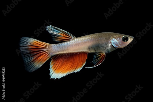 the beside view Delta Tail Guppy Fish, left side view, white copy space on right, Isolated on dark Background