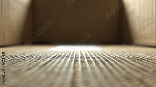 A close-up view of the textured floor inside a cardboard box, illuminated by a soft light during the afternoon