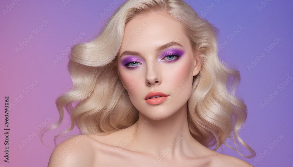 Blonde Waves Hairstyle on Purple Backdrop - Beauty Portrait in Indoor Photoshoot Blonde Waves Hairstyle on Purple Backdrop - Beauty Portrait in Indoor Photoshoot