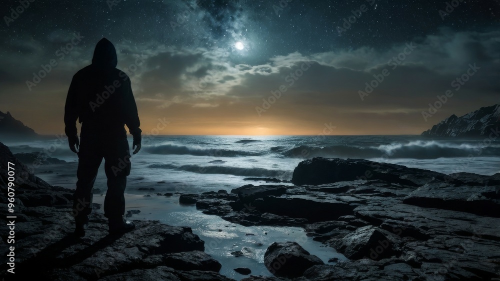 A lone figure stands silhouetted against a starry night sky. A lone figure stands silhouetted against a starry night sky.