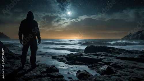 A lone figure stands silhouetted against a starry night sky.