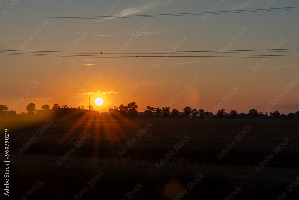 Beautiful sunset silhouette of a forest. Golden sunset casts long shadows on a rural field with power lines and distant trees. High quality photo Beautiful sunset silhouette of a forest. Golden sunset casts long shadows on a rural field with power lines and distant trees. High quality photo