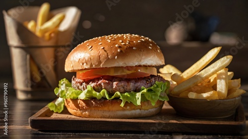 delicious burger meal with fries photo