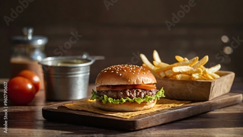 delicious burger meal with fries photo