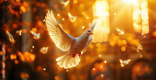 A white dove flying in the sky with a bright orange background