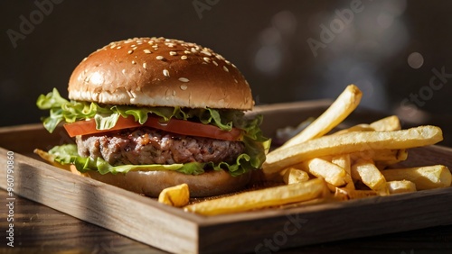 delicious burger meal with fries photo