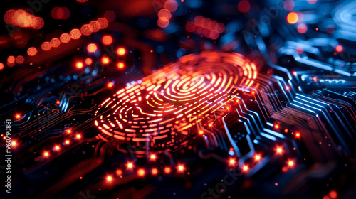 A digital fingerprint on circuit board symbolizes biometric security technology. vibrant colors and intricate patterns evoke sense of innovation and protection.