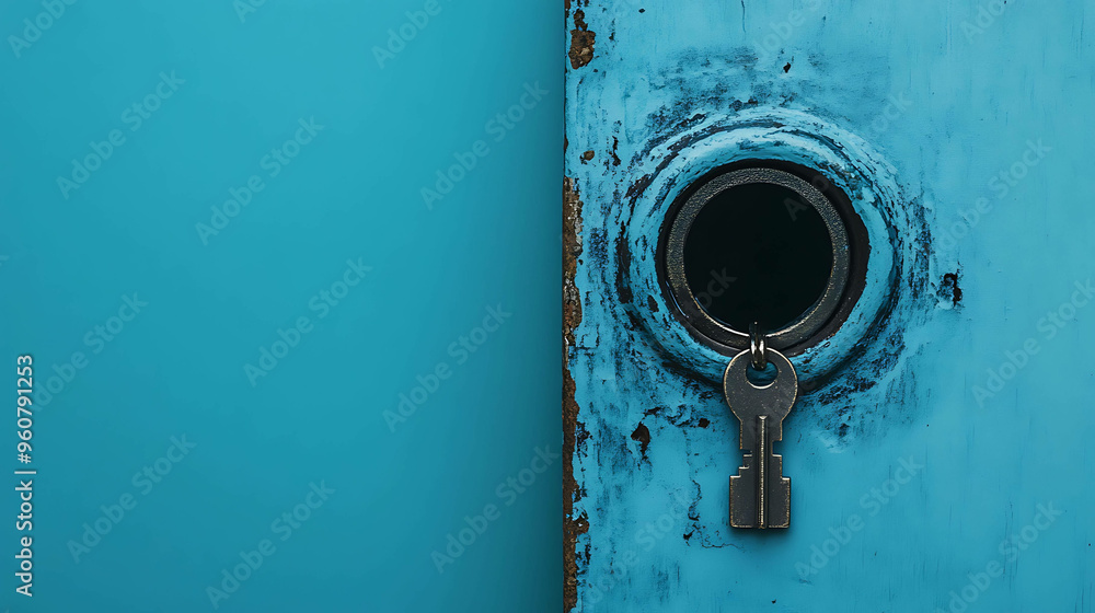 A key hanging in a keyhole on a blue door. A key hanging in a keyhole on a blue door.