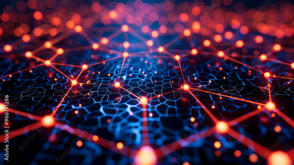 A vibrant network diagram with pulsating connections, showcasing blend of blue and orange lights, symbolizes advanced technology and AI. A vibrant network diagram with pulsating connections, showcasing blend of blue and orange lights, symbolizes advanced technology and AI.