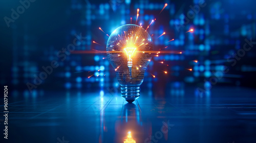 Wallpaper Mural A 3D rendered lightbulb emits bright sparks, symbolizing innovation and creativity in digital environment. Torontodigital.ca