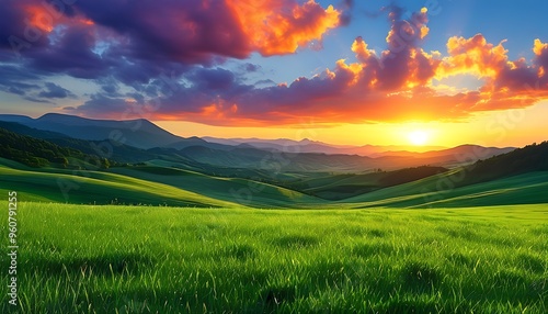 The green grass fields, the undulating mountains in the distance, the sunset in the sky, and the colorful natural scenery of the clouds