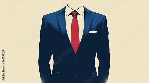 Illustration of a man in a blue suit and red tie, standing against a light background. photo