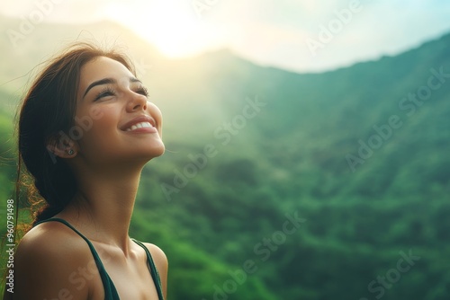 Happy, woman and face in nature for thinking, positive mindset and carefree with mockup space