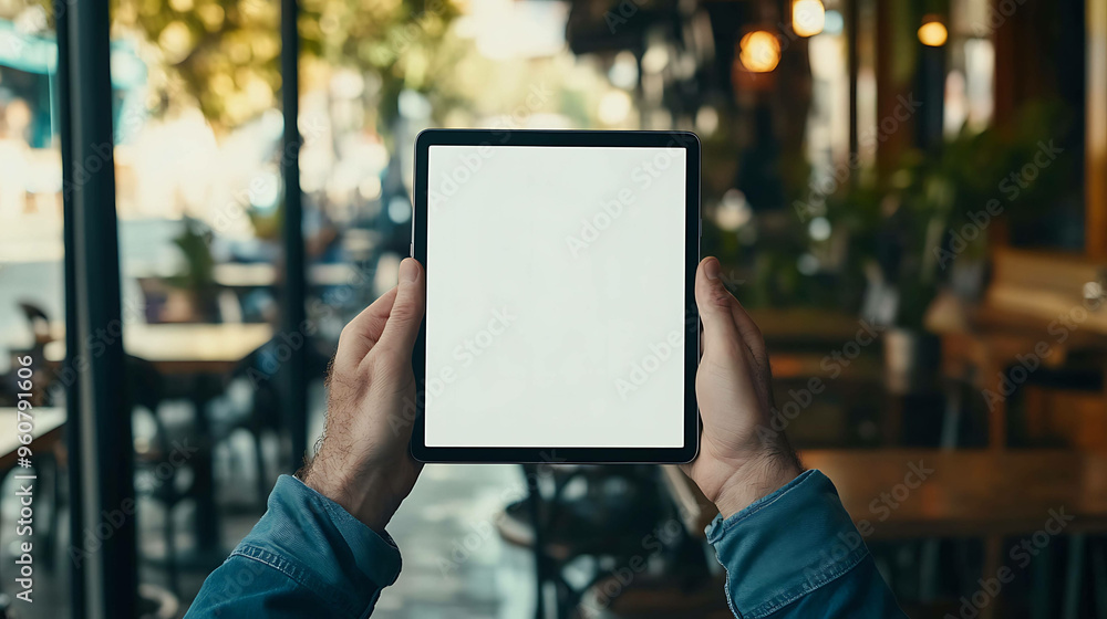 A man holds a tablet computer with a blank white screen in front of a blurred cafe background. A man holds a tablet computer with a blank white screen in front of a blurred cafe background.
