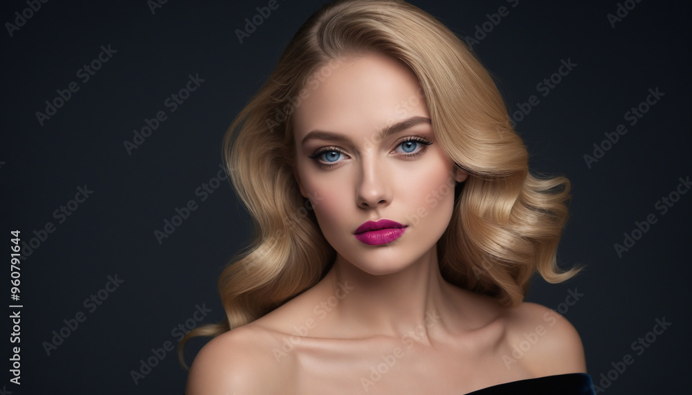 Elegant Young Woman with Long Blonde Hair in Indoor Photoshoot on Beige Background Elegant Young Woman with Long Blonde Hair in Indoor Photoshoot on Beige Background